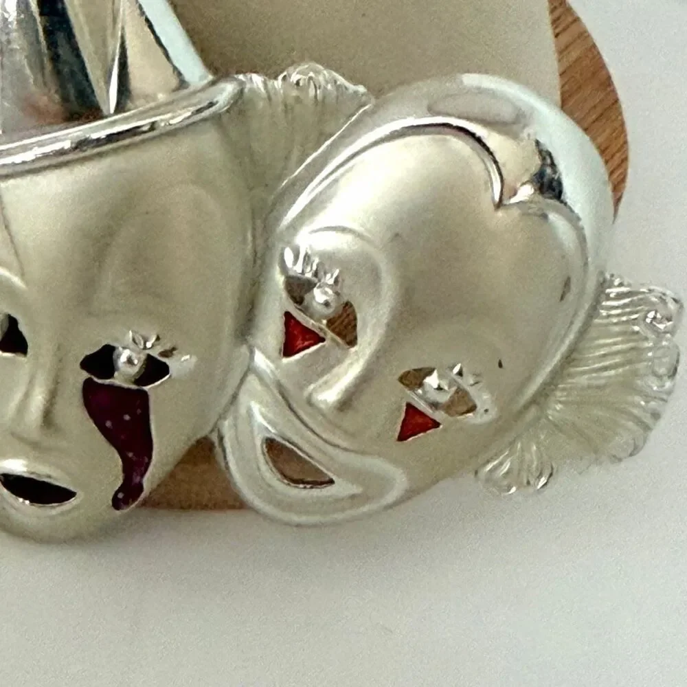 Vintage Silver Tone Triple Clown Theater Mask Enamel Brooch
